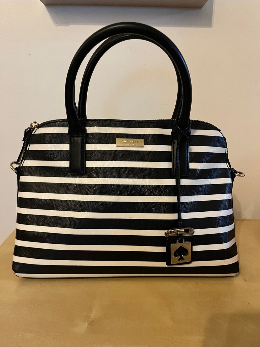Kate Spade Black and White Striped Satchel with Gold Hardware